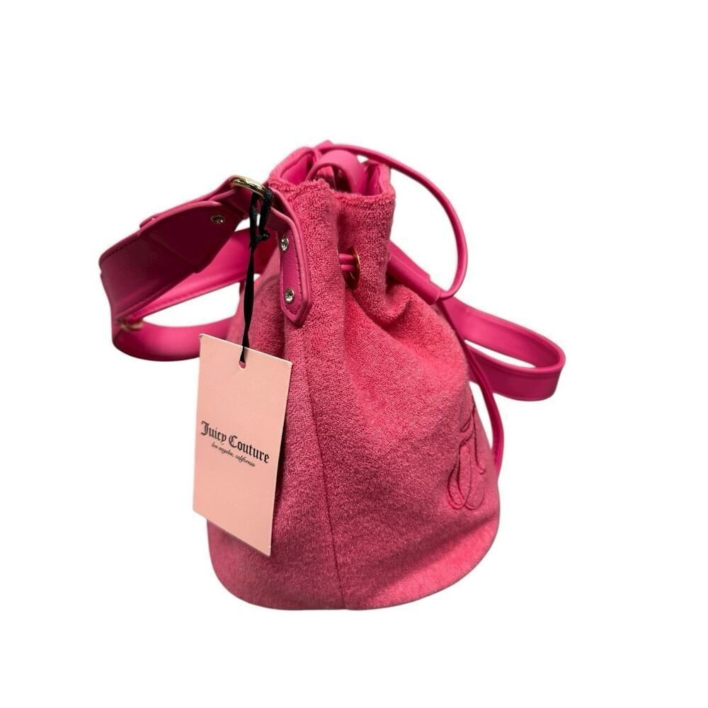 NWT Juicy Couture Pink Terry Cloth Bucket Bag Drawstring Crossbody Purse - Picture 2 of 5
